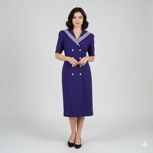 Vintage 80s 90s REO‎ Sailor Midi Sheath Dress Women Medium Purple Cotton Retro